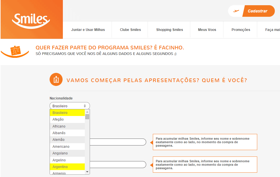 Smiles_Cadastro_Nacionalidades