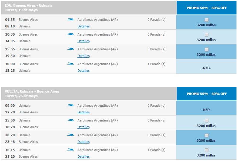 Aerolineas_Argentinas_Plus_Promo_Descuento_Millas_Cabotaje_2016.03_Ejemplo_USH_opciones_vuelos