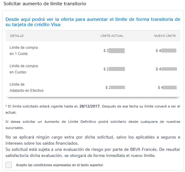 Pedir un aumento transitorio de límite en la tarjeta de 