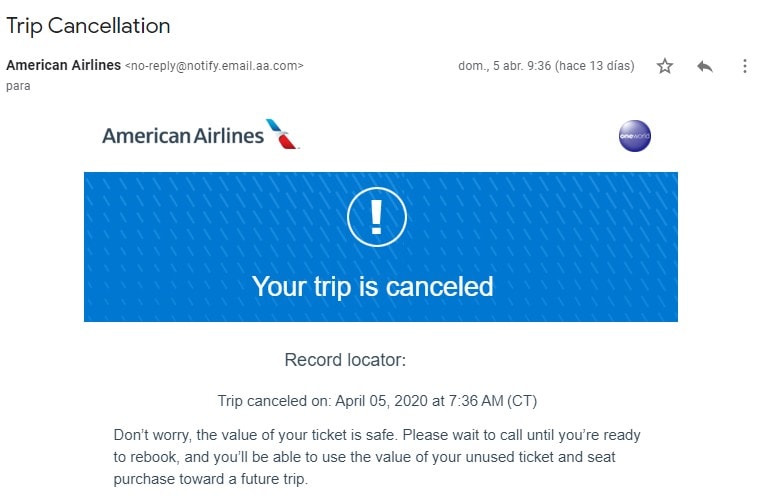 Cancelando vuelo de American Airlines para julio, ya me devolvieron los