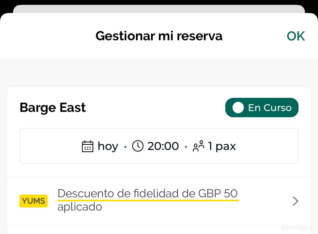 Comer gratis en Barge East, Londres, gracias a los Yums de TheFork. La reserva muestra el descuento de fidelidad de GBP 50 aplicado.