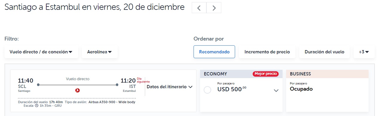 Vuelos Santiago de Chile - Estambul de Turkish Airlines disponibles a la venta en la web de la aerolínea.