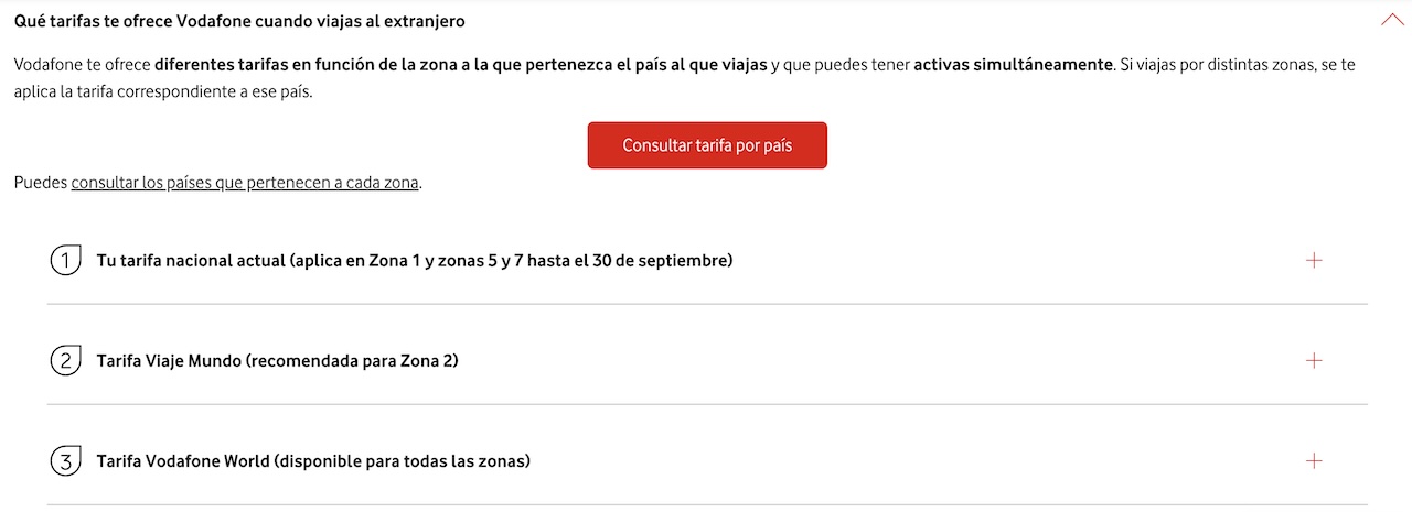 Opciones de roaming que Vodafone España ofrece cuando viajás al exterior. La tarifa nacional deja de tener incluido a Estados Unidos y Reino Unido después del 30 de septiembre.