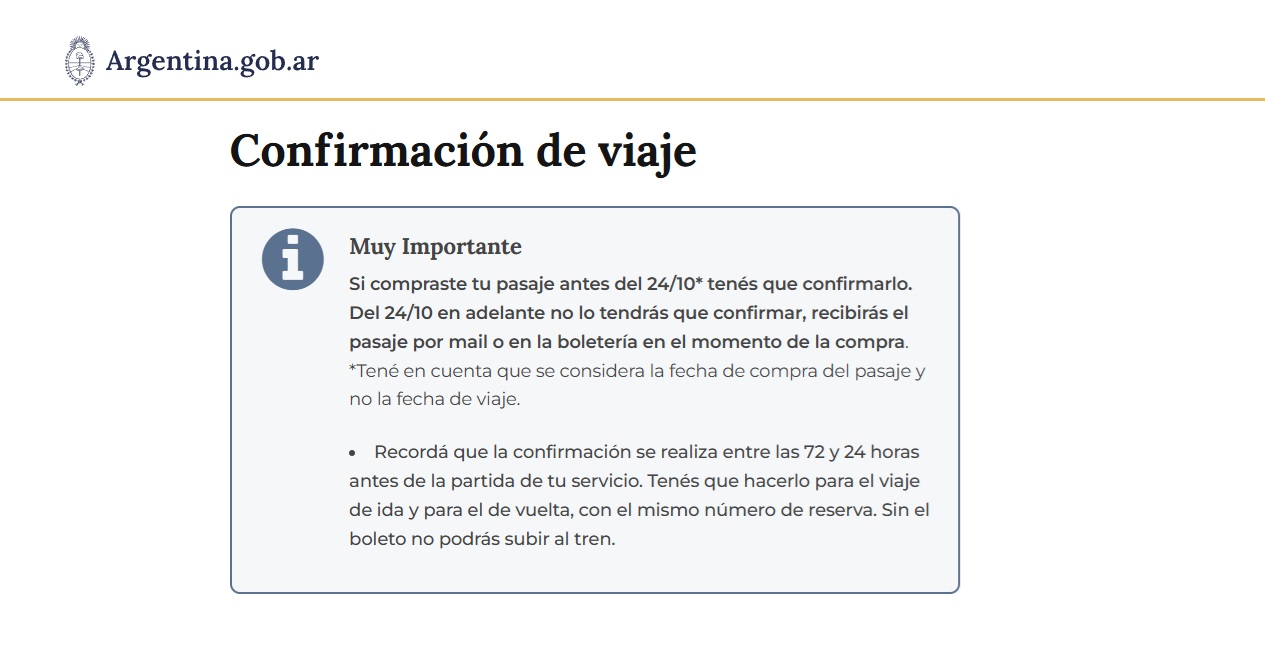 Anuncio de cambios en la confirmación de viajes con Trenes Argentinos al comprar pasajes después del 24 de octubre de 2024.
