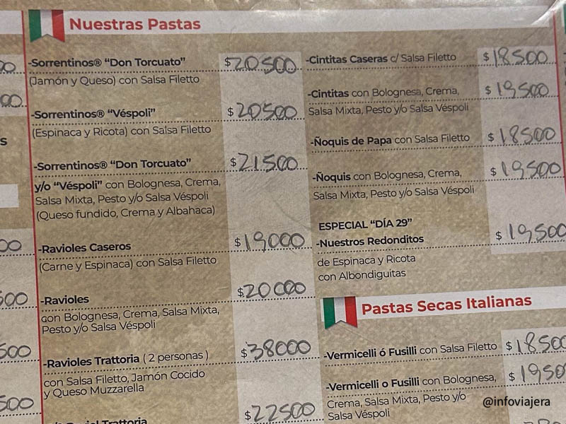 Menú de la trattoria napolitana Vespli de Mar del Plata con opciones de sorrentinos y salsas