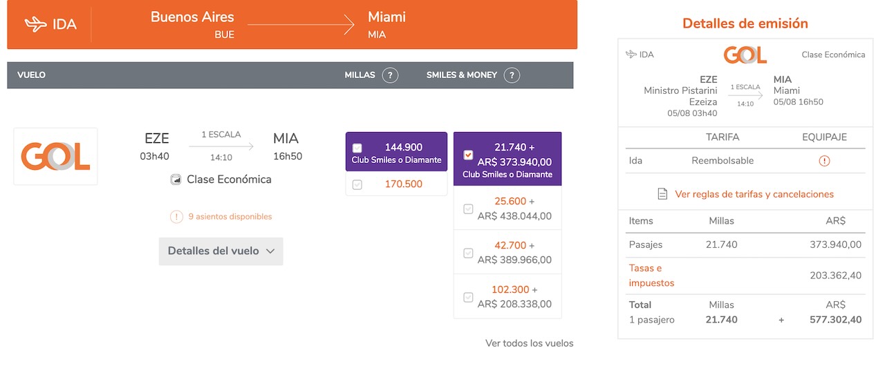 Canje en Smiles desde Buenos Aires a Miami con Smiles & Money