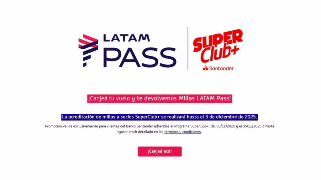 Promoción de LATAM Pass para clientes Santander Argentina, Cyber Monday 2025.