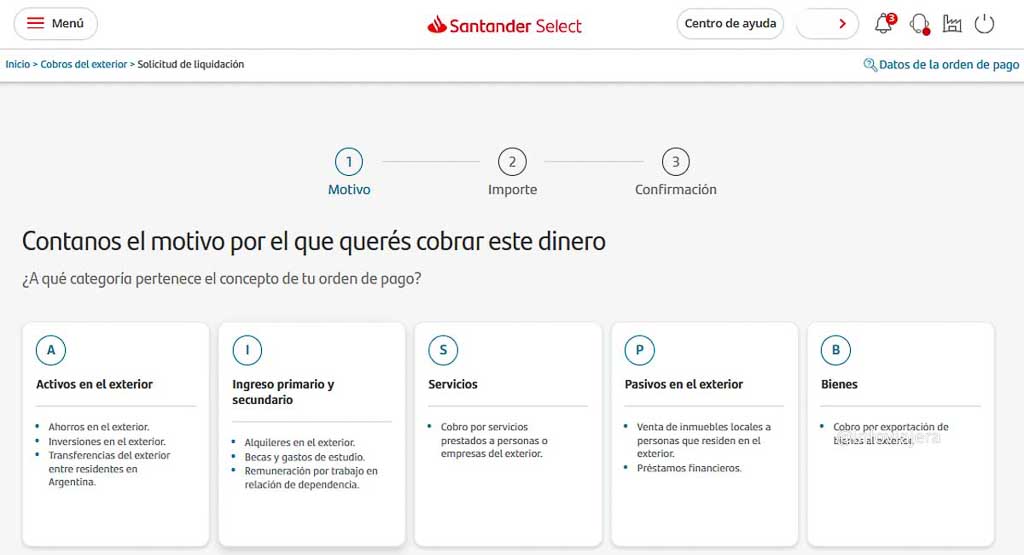 Categoria motivo pago del exterior banco Santander Argentina