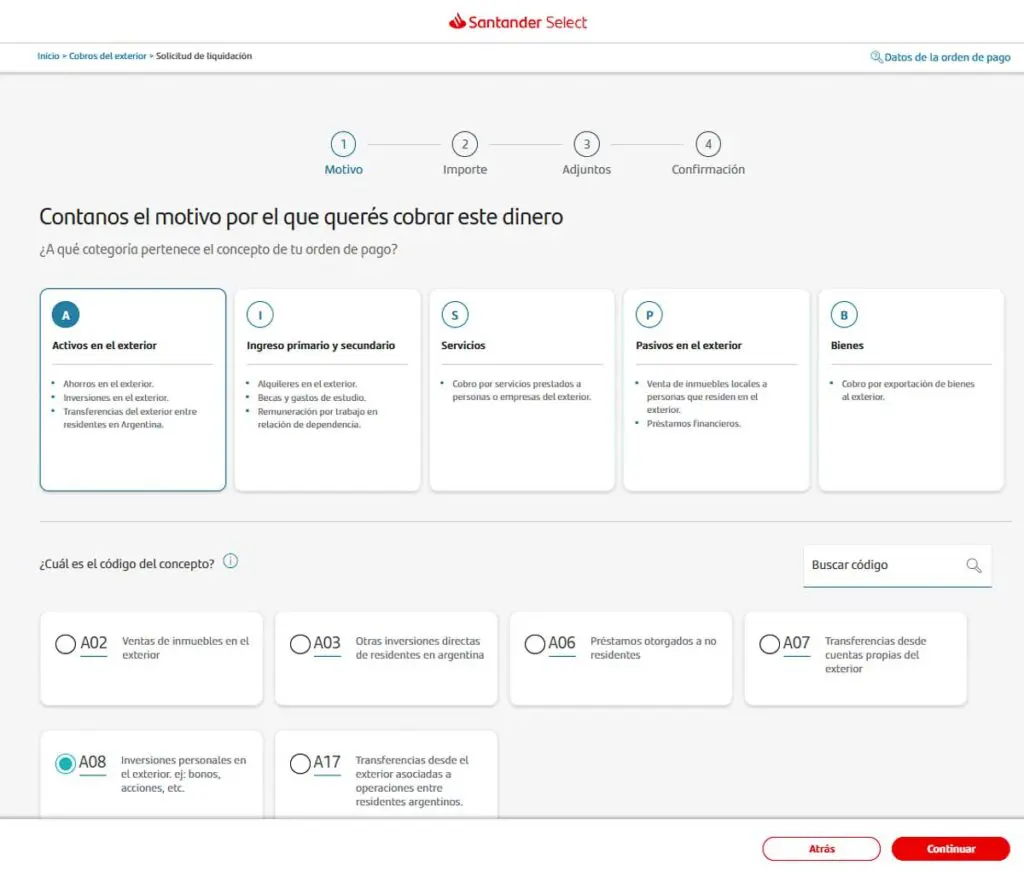Concepto transferencia del exterior banco Santander Argentina