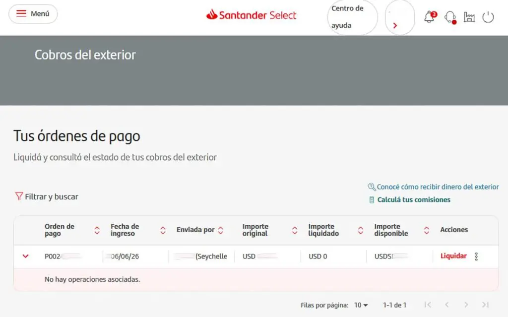 Liquidar transferencia en dólares desde el exterior banco Santander Argentina