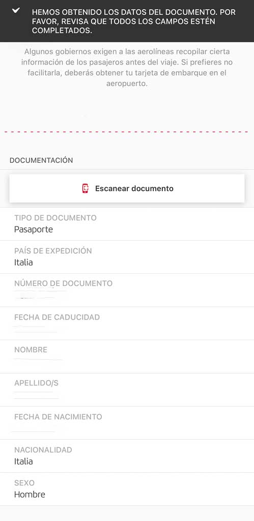 Check-in online escanear documento - datos cargados