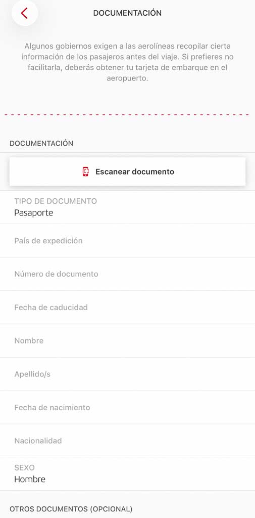 Check in online datos pasaporte